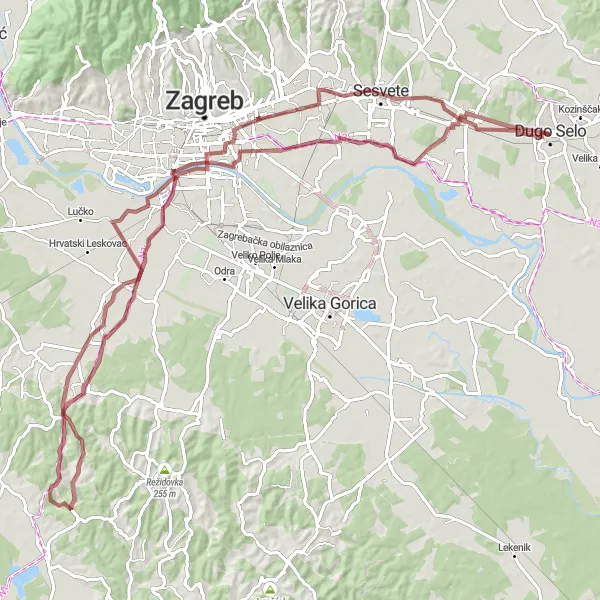 Map miniature of "Gravel Adventure through Sesvete" cycling inspiration in Sjeverna Hrvatska, Croatia. Generated by Tarmacs.app cycling route planner