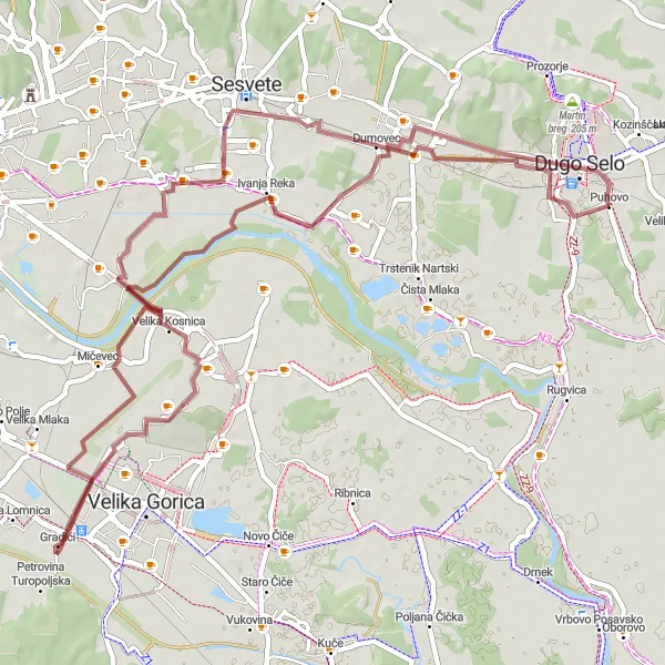 Map miniature of "Gravel Route Around Dugo Selo" cycling inspiration in Sjeverna Hrvatska, Croatia. Generated by Tarmacs.app cycling route planner