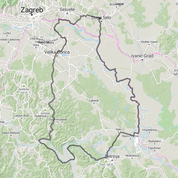 Map miniature of "Road Cycling Adventure through Sjeverna Hrvatska" cycling inspiration in Sjeverna Hrvatska, Croatia. Generated by Tarmacs.app cycling route planner