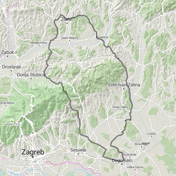 Map miniature of "Road Route Exploring Budenec to Martin Breg" cycling inspiration in Sjeverna Hrvatska, Croatia. Generated by Tarmacs.app cycling route planner