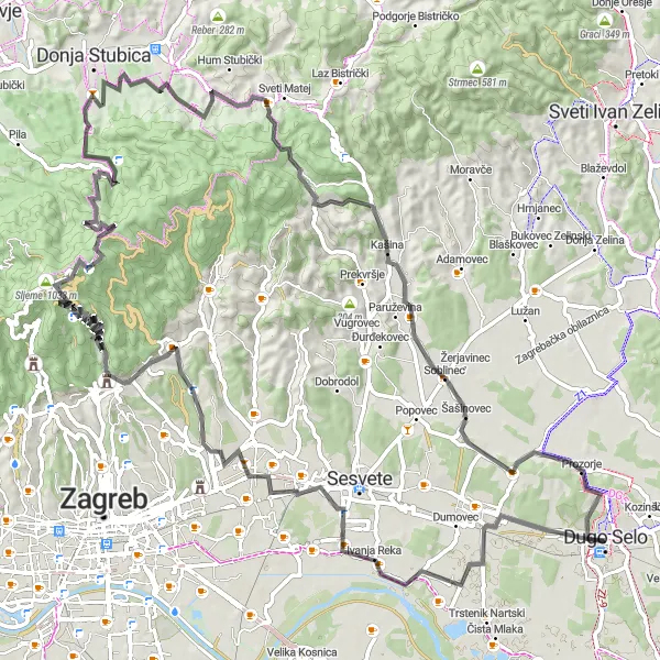 Map miniature of "Challenging Road Cycling Tour in North Croatia" cycling inspiration in Sjeverna Hrvatska, Croatia. Generated by Tarmacs.app cycling route planner