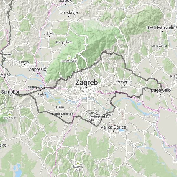 Map miniature of "Cycling Adventure in the Hills of North Croatia" cycling inspiration in Sjeverna Hrvatska, Croatia. Generated by Tarmacs.app cycling route planner