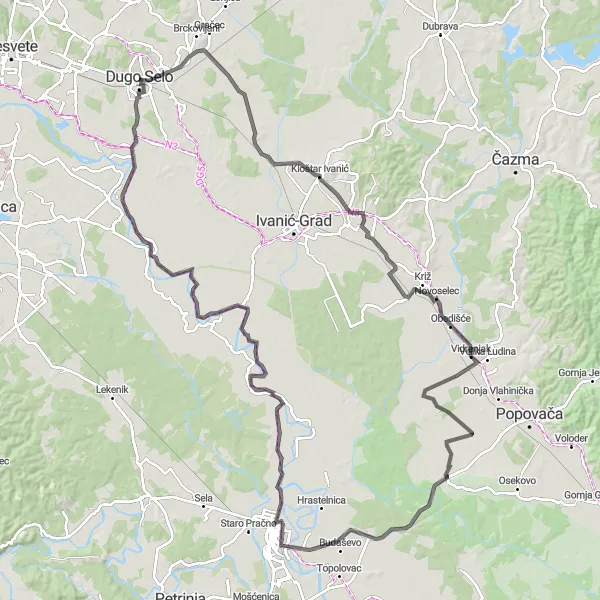 Map miniature of "Exploring Kloštar Ivanić and Martinska Ves" cycling inspiration in Sjeverna Hrvatska, Croatia. Generated by Tarmacs.app cycling route planner