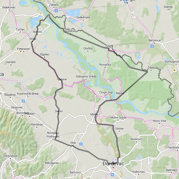 Map miniature of "The Drnje Loop" cycling inspiration in Sjeverna Hrvatska, Croatia. Generated by Tarmacs.app cycling route planner