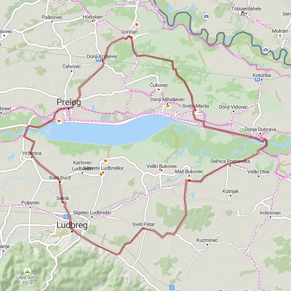 Map miniature of "Gravel route from Goričan" cycling inspiration in Sjeverna Hrvatska, Croatia. Generated by Tarmacs.app cycling route planner