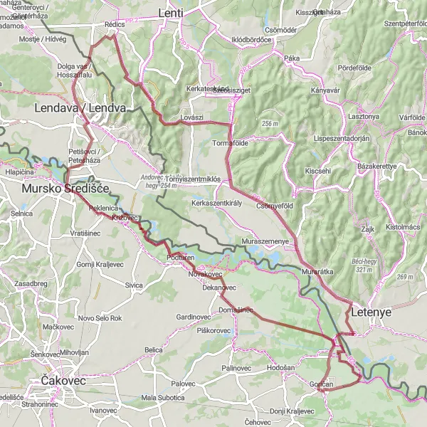 Map miniature of "Gravel Trails of Lendava" cycling inspiration in Sjeverna Hrvatska, Croatia. Generated by Tarmacs.app cycling route planner