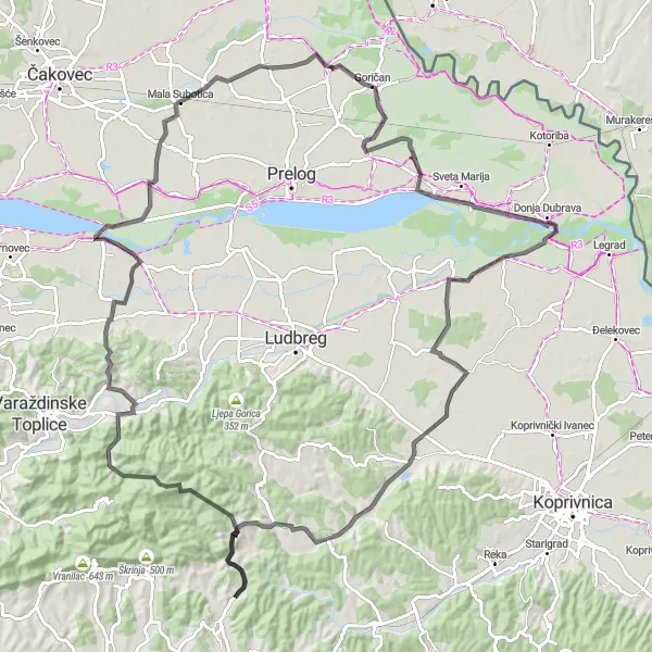 Map miniature of "Treasures of Vapleno brdo" cycling inspiration in Sjeverna Hrvatska, Croatia. Generated by Tarmacs.app cycling route planner