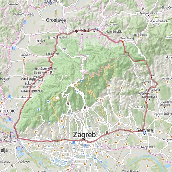 Map miniature of "Gravel Pathways and Zagreb Exploration" cycling inspiration in Sjeverna Hrvatska, Croatia. Generated by Tarmacs.app cycling route planner