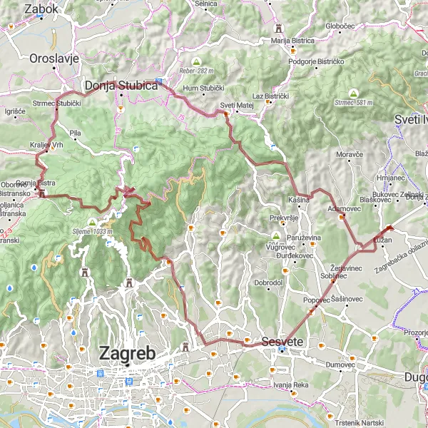 Map miniature of "The Gravel Adventure: Gornja Bistra - Donja Stubica - Popovec" cycling inspiration in Sjeverna Hrvatska, Croatia. Generated by Tarmacs.app cycling route planner
