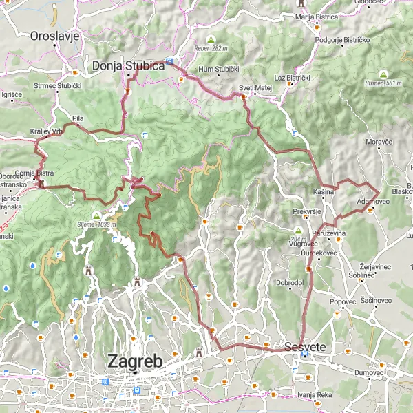 Map miniature of "Explore the Gravel Paths: Gornja Bistra - Gornja Stubica - Tusti breg" cycling inspiration in Sjeverna Hrvatska, Croatia. Generated by Tarmacs.app cycling route planner