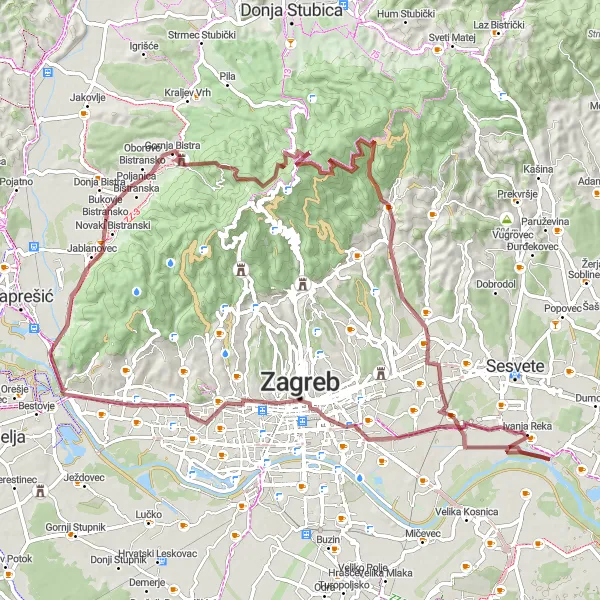 Map miniature of "Gravel Adventure to Sljeme Mountain" cycling inspiration in Sjeverna Hrvatska, Croatia. Generated by Tarmacs.app cycling route planner