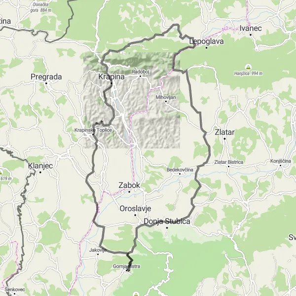 Map miniature of "Scenic Road Tour: Gornja Bistra - Veliko Trgovišće - Novi Golubovec" cycling inspiration in Sjeverna Hrvatska, Croatia. Generated by Tarmacs.app cycling route planner