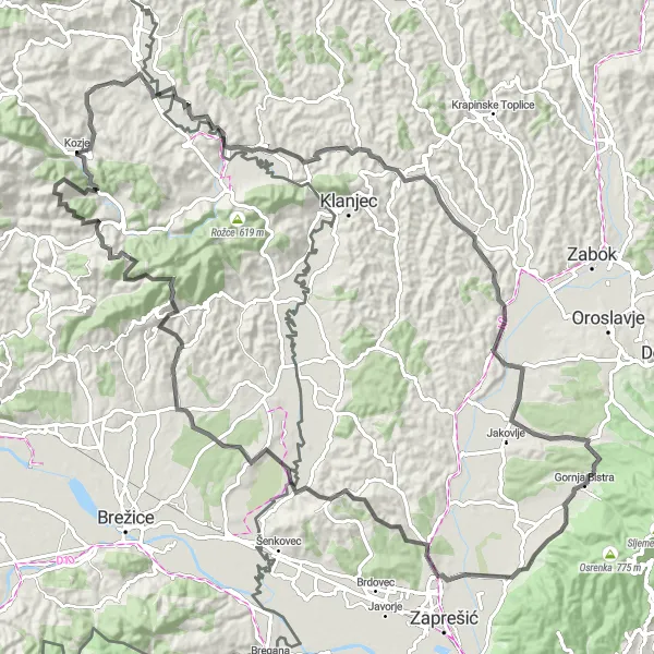 Map miniature of "Kameni Svati and Orsic Castle Loop" cycling inspiration in Sjeverna Hrvatska, Croatia. Generated by Tarmacs.app cycling route planner