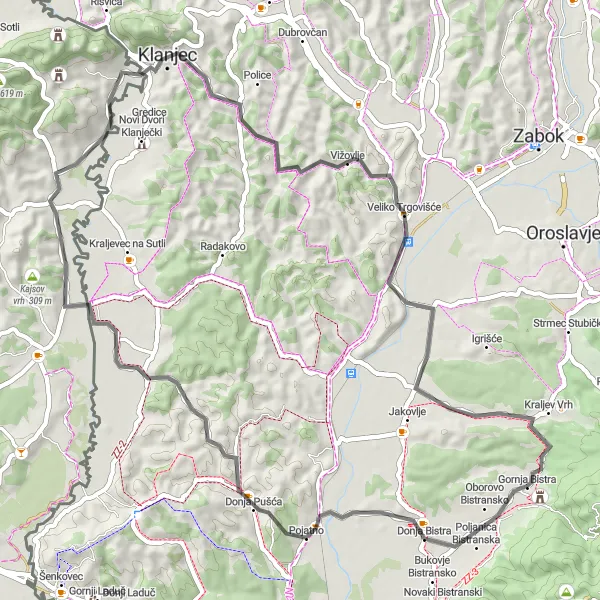 Map miniature of "Bistra-Pojatno-Klanjec Road Cycling Route" cycling inspiration in Sjeverna Hrvatska, Croatia. Generated by Tarmacs.app cycling route planner