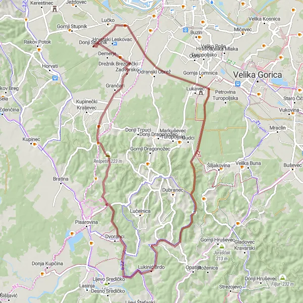 Map miniature of "Off the Beaten Path in Gornji Stupnik" cycling inspiration in Sjeverna Hrvatska, Croatia. Generated by Tarmacs.app cycling route planner