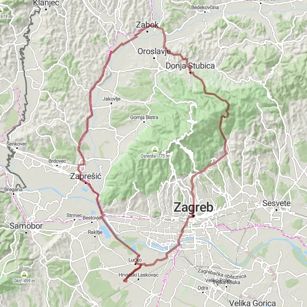 Map miniature of "Zaprešić Gravel Adventure" cycling inspiration in Sjeverna Hrvatska, Croatia. Generated by Tarmacs.app cycling route planner