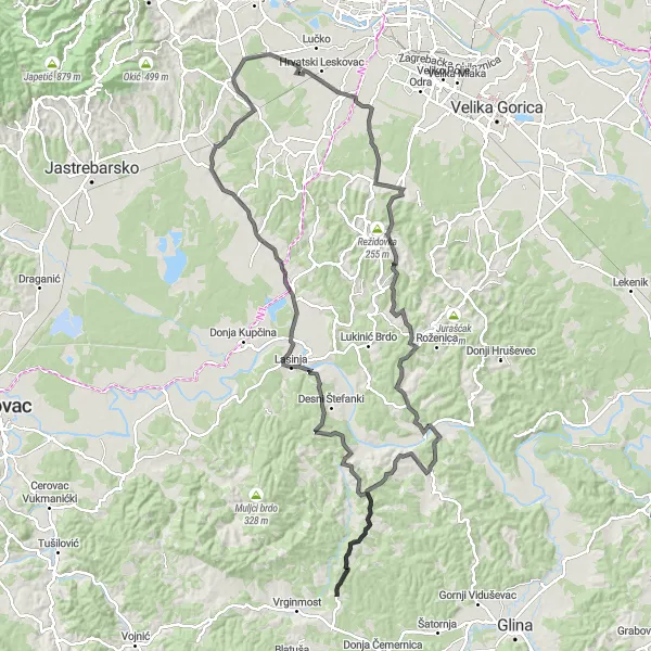 Map miniature of "The Challenge of the Zagorje Hills" cycling inspiration in Sjeverna Hrvatska, Croatia. Generated by Tarmacs.app cycling route planner