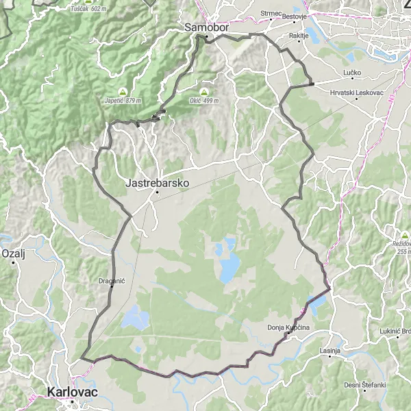 Map miniature of "Zagreb Hills Loop" cycling inspiration in Sjeverna Hrvatska, Croatia. Generated by Tarmacs.app cycling route planner