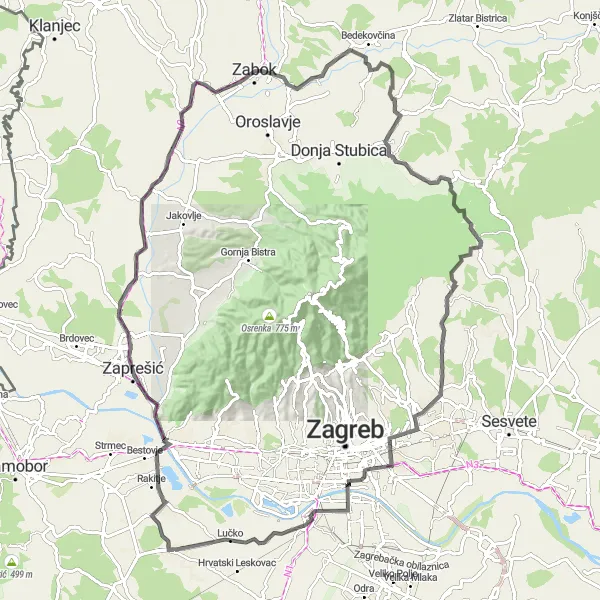 Map miniature of "Through the Hills of Hrvatsko Zagorje" cycling inspiration in Sjeverna Hrvatska, Croatia. Generated by Tarmacs.app cycling route planner