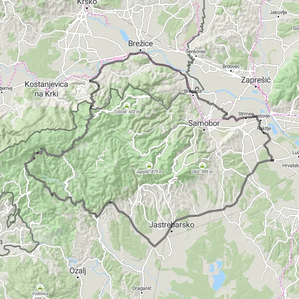 Map miniature of "Climbing the Hills of Jastrebarsko" cycling inspiration in Sjeverna Hrvatska, Croatia. Generated by Tarmacs.app cycling route planner