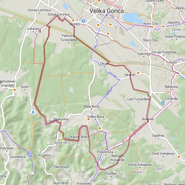 Map miniature of "Around Mraclin and Rasteg" cycling inspiration in Sjeverna Hrvatska, Croatia. Generated by Tarmacs.app cycling route planner