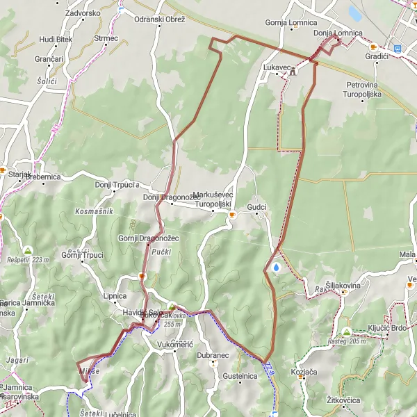 Map miniature of "Kostanjevec and Čukovo Gravel Route" cycling inspiration in Sjeverna Hrvatska, Croatia. Generated by Tarmacs.app cycling route planner