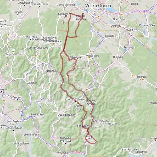 Map miniature of "Petrovina Turopoljska and Dvorac Lukavec Gravel Route" cycling inspiration in Sjeverna Hrvatska, Croatia. Generated by Tarmacs.app cycling route planner