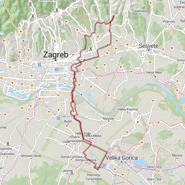 Map miniature of "Gornja Dubrava and Novi ljetnikovac biskupa Haulika Gravel Route" cycling inspiration in Sjeverna Hrvatska, Croatia. Generated by Tarmacs.app cycling route planner