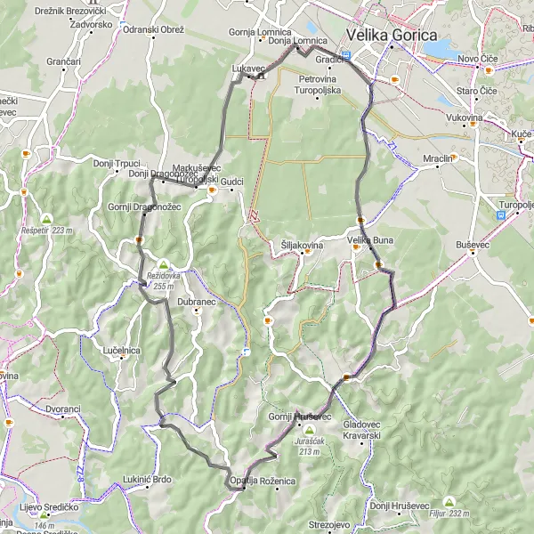 Map miniature of "Scenic Route to Jurašćak and Lukavec" cycling inspiration in Sjeverna Hrvatska, Croatia. Generated by Tarmacs.app cycling route planner
