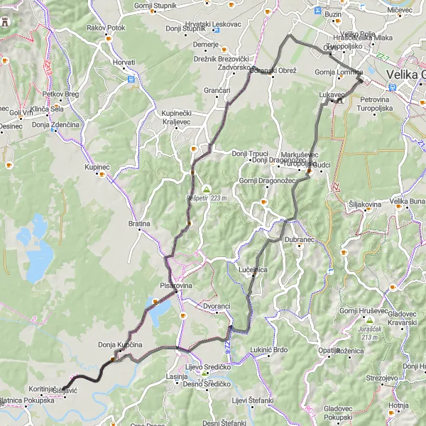 Map miniature of "Režidovka and Pisarovina Road Route" cycling inspiration in Sjeverna Hrvatska, Croatia. Generated by Tarmacs.app cycling route planner