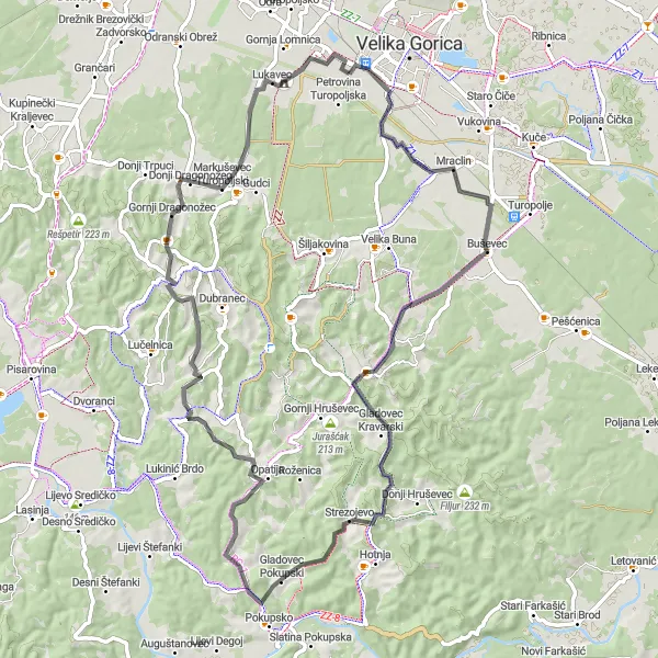 Map miniature of "Challenging Buševec Loop" cycling inspiration in Sjeverna Hrvatska, Croatia. Generated by Tarmacs.app cycling route planner