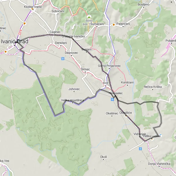 Map miniature of "Novoselec and Velika Ludina Road Route" cycling inspiration in Sjeverna Hrvatska, Croatia. Generated by Tarmacs.app cycling route planner