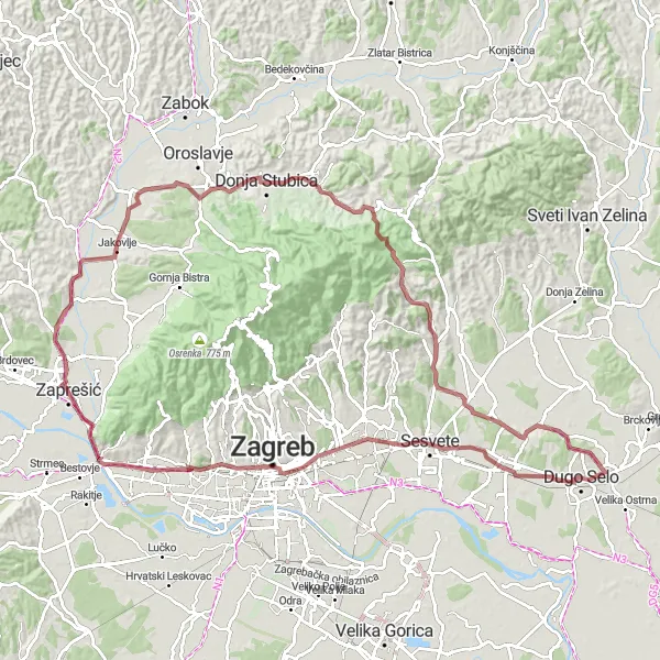 Map miniature of "Gravel Adventure near Jakovlje" cycling inspiration in Sjeverna Hrvatska, Croatia. Generated by Tarmacs.app cycling route planner