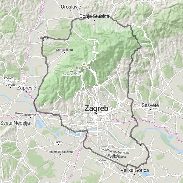 Map miniature of "Jakoblje Highlights Road Cycling Route" cycling inspiration in Sjeverna Hrvatska, Croatia. Generated by Tarmacs.app cycling route planner