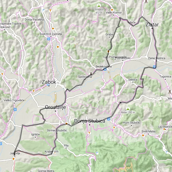 Map miniature of "Oroslavje and Zlatar Road Cycling Route" cycling inspiration in Sjeverna Hrvatska, Croatia. Generated by Tarmacs.app cycling route planner