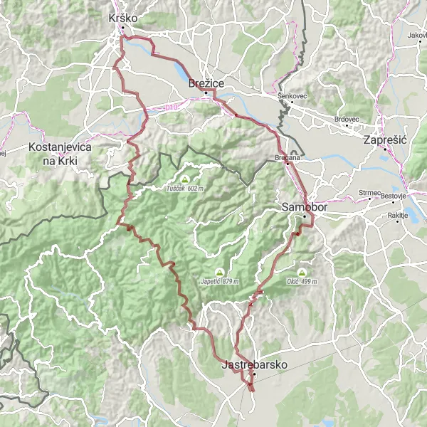 Map miniature of "Jastrebarsko - Miladini - Zečak - Hom - Črešnjice pri Cerkljah - Šentviška gora - Čatež ob Savi - Vidikovac - Poljanice Round-Trip" cycling inspiration in Sjeverna Hrvatska, Croatia. Generated by Tarmacs.app cycling route planner