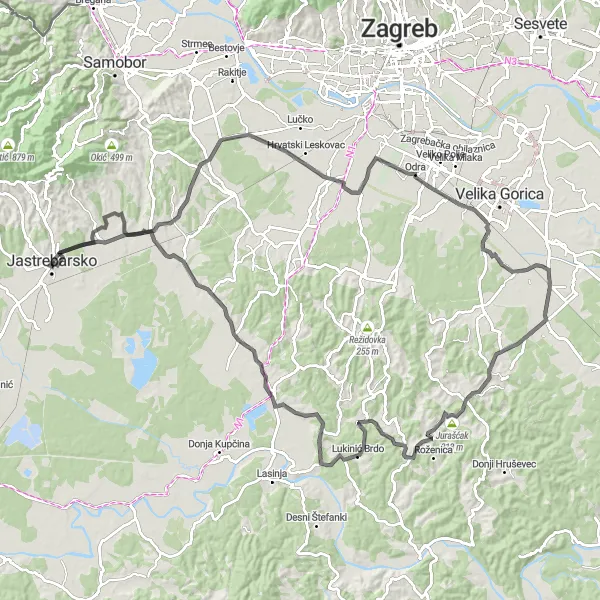 Map miniature of "Jastrebarsko - Goli Breg - Buševec - Jurašćak - Brijeg - Kupinec - Gornji Desinec Round-Trip" cycling inspiration in Sjeverna Hrvatska, Croatia. Generated by Tarmacs.app cycling route planner