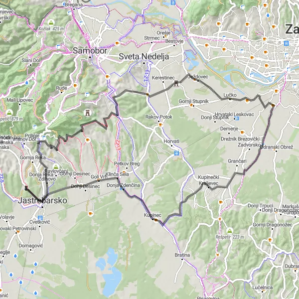 Map miniature of "Jastrebarsko - Jastrebarsko - Cibanjšćak - Okić - Mala Gorica - Lučko - Kupinečki Kraljevec Round-Trip" cycling inspiration in Sjeverna Hrvatska, Croatia. Generated by Tarmacs.app cycling route planner