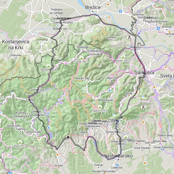 Map miniature of "Hidden Gems of Jastrebarsko" cycling inspiration in Sjeverna Hrvatska, Croatia. Generated by Tarmacs.app cycling route planner