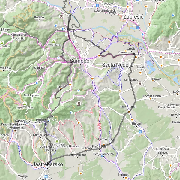 Map miniature of "Jastrebarsko - Poljanice - Kotari - Mali Črnec - Velika Jazbina Round-Trip" cycling inspiration in Sjeverna Hrvatska, Croatia. Generated by Tarmacs.app cycling route planner