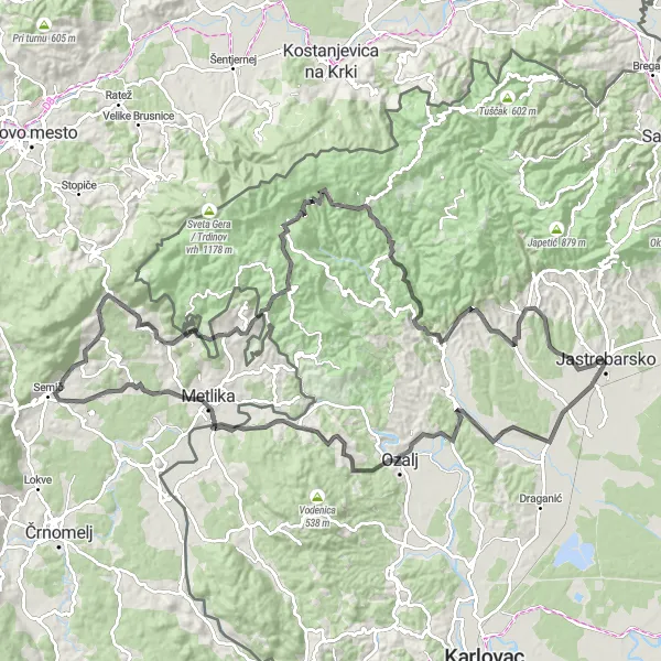 Map miniature of "Jastrebarsko Circuit" cycling inspiration in Sjeverna Hrvatska, Croatia. Generated by Tarmacs.app cycling route planner