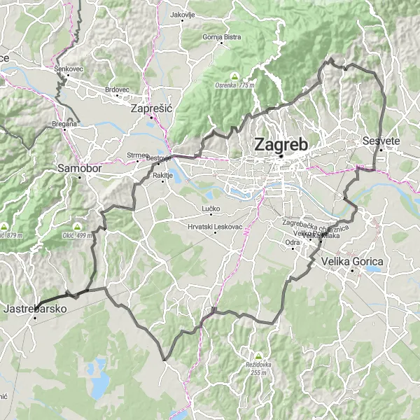 Map miniature of "Jastrebarsko and Surroundings" cycling inspiration in Sjeverna Hrvatska, Croatia. Generated by Tarmacs.app cycling route planner