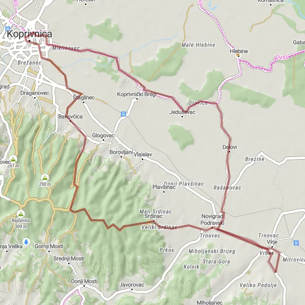 Map miniature of "Koprivnica Gravel Adventure" cycling inspiration in Sjeverna Hrvatska, Croatia. Generated by Tarmacs.app cycling route planner