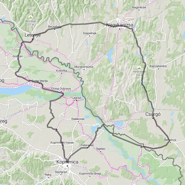 Map miniature of "Koprivnica Grand Tour" cycling inspiration in Sjeverna Hrvatska, Croatia. Generated by Tarmacs.app cycling route planner