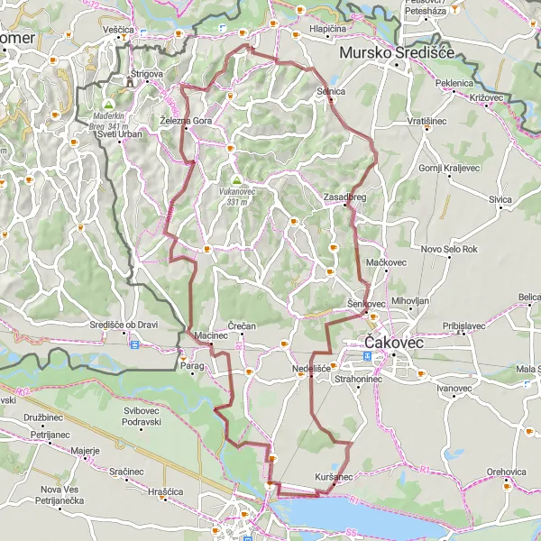 Map miniature of "Untouched Beauty of the Countryside" cycling inspiration in Sjeverna Hrvatska, Croatia. Generated by Tarmacs.app cycling route planner