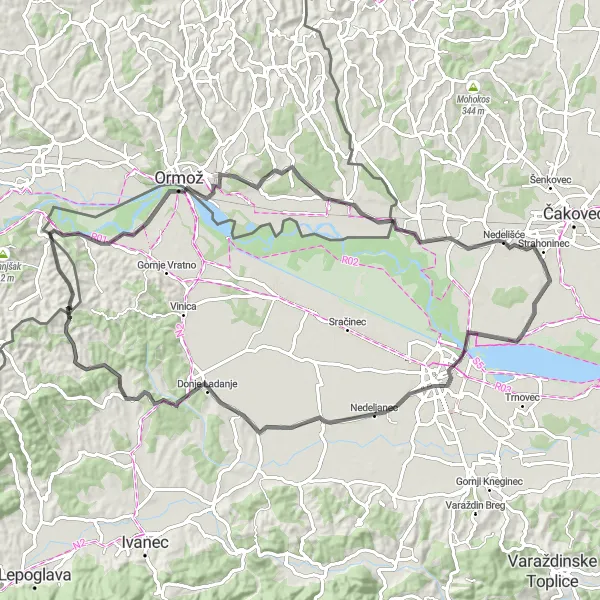 Map miniature of "Varaždin's Scenic Road" cycling inspiration in Sjeverna Hrvatska, Croatia. Generated by Tarmacs.app cycling route planner