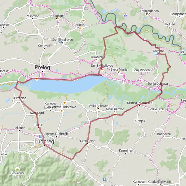 Map miniature of "Lake Dubrava Exploration" cycling inspiration in Sjeverna Hrvatska, Croatia. Generated by Tarmacs.app cycling route planner