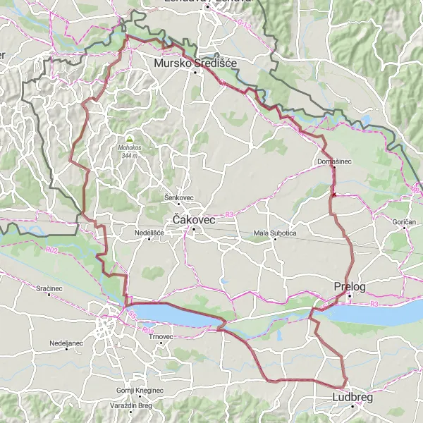 Map miniature of "Varaždinsko Jezero and Beyond" cycling inspiration in Sjeverna Hrvatska, Croatia. Generated by Tarmacs.app cycling route planner