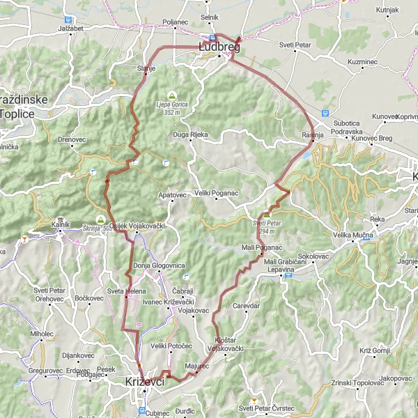Map miniature of "Ludbreg to Vojakovački Osijek Gravel Route" cycling inspiration in Sjeverna Hrvatska, Croatia. Generated by Tarmacs.app cycling route planner