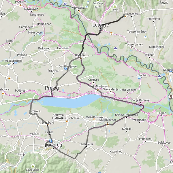 Map miniature of "Countryside Journey" cycling inspiration in Sjeverna Hrvatska, Croatia. Generated by Tarmacs.app cycling route planner